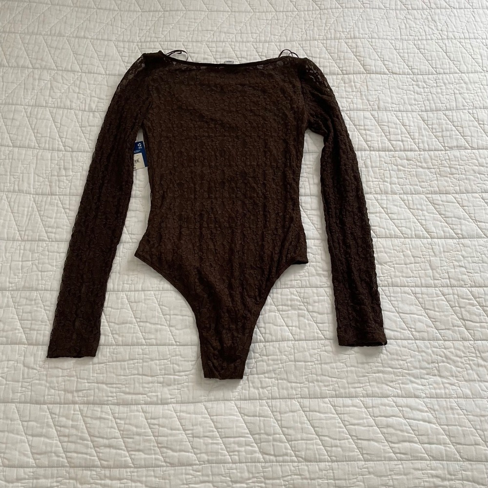 Arizona Jean Co Brown Lace Long Sleeve Bodysuit Woodland Brown Small NWT